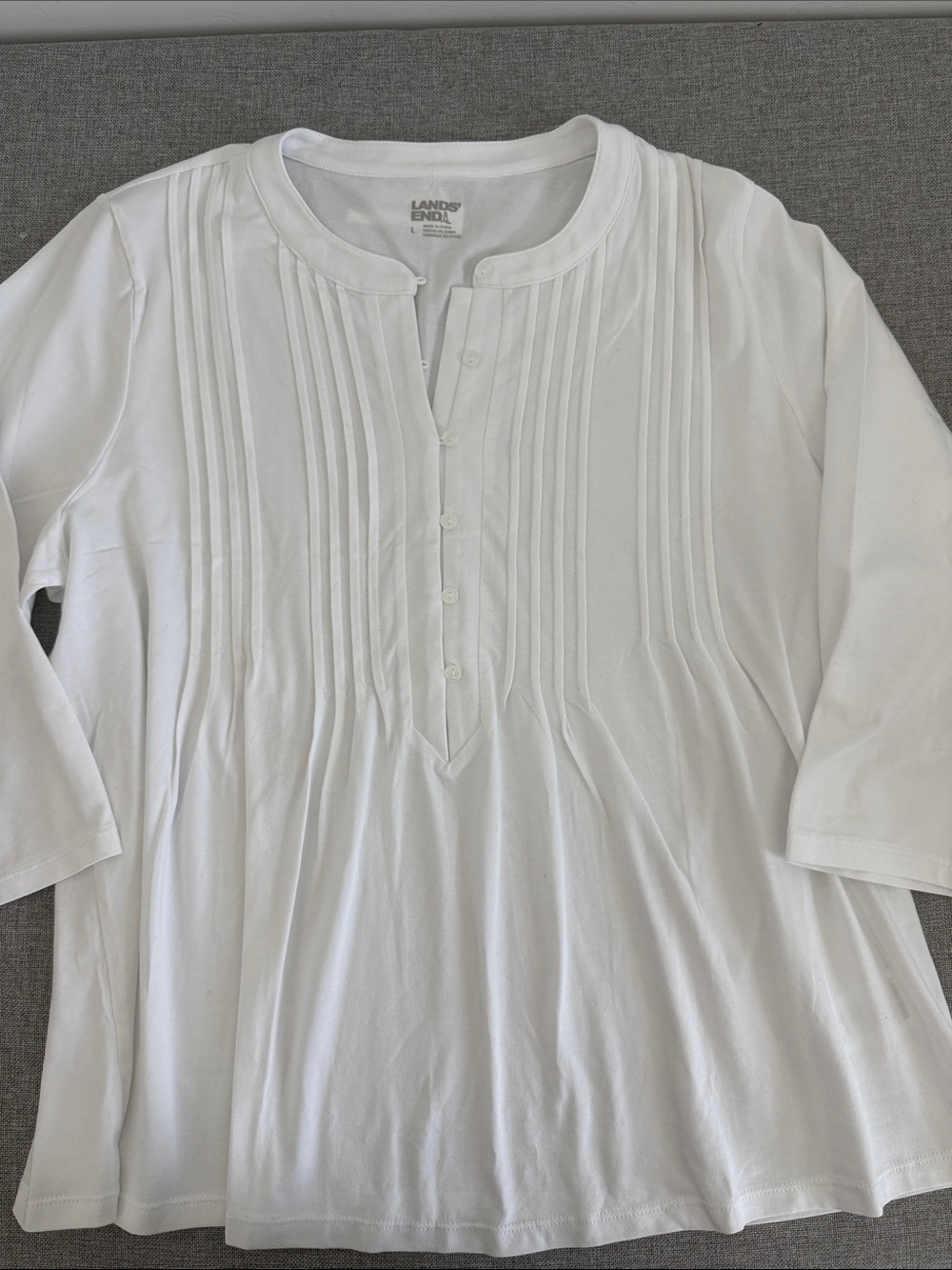 Lands' End White Pintuck Henley Top with Button Placket